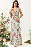 A Line Deep V Neck Green Printed Long Bridesmaid Dress