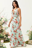 A Line Deep V Neck Green Printed Long Bridesmaid Dress