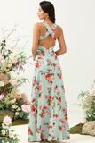 A Line Deep V Neck Green Printed Long Bridesmaid Dress