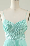 Mint Green Pleated Long Bridesmaid Dress