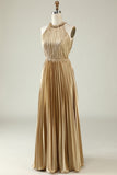 Halter Neck Golden Pleated Long Bridesmaid Dress