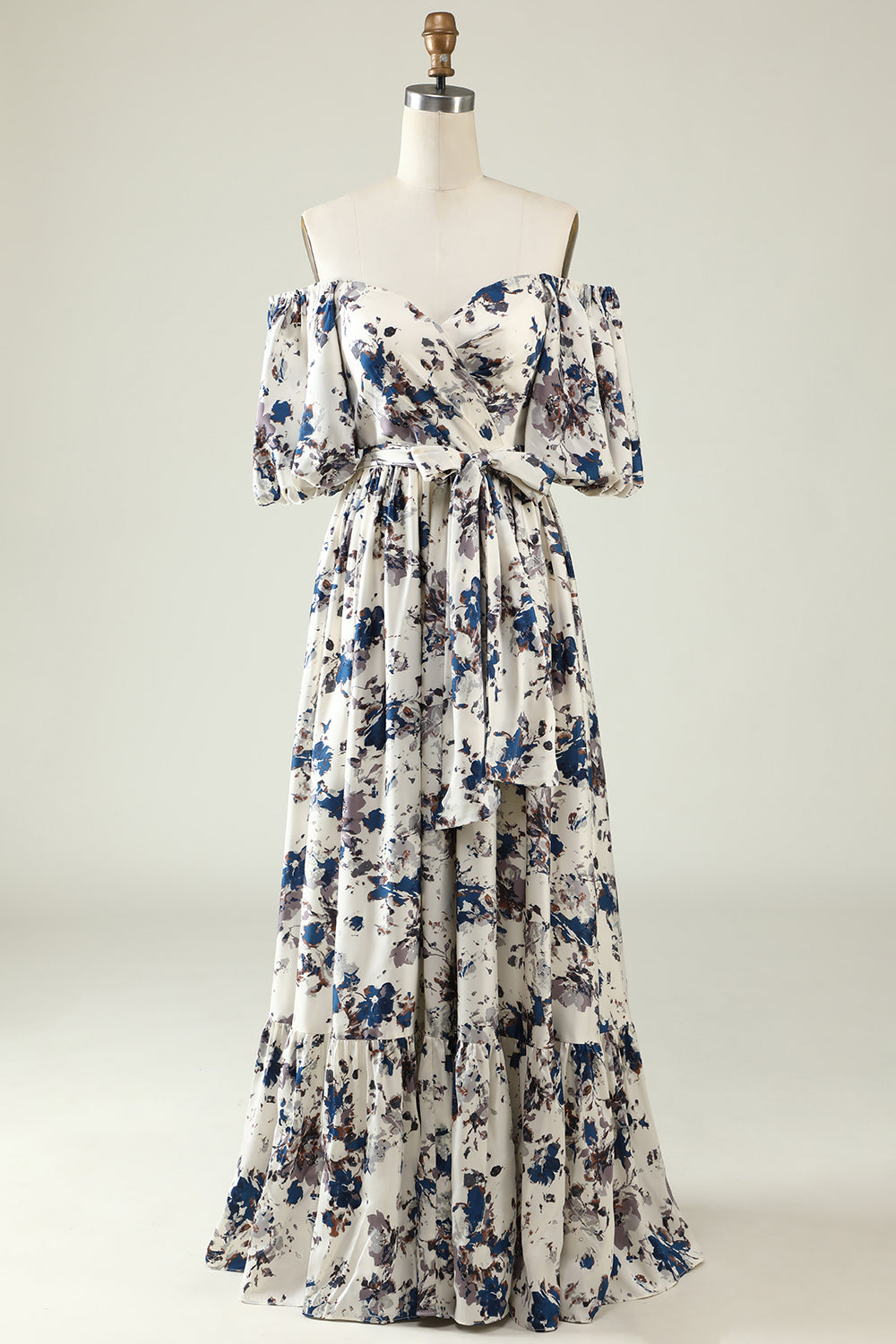 White Blue Flower Boho Bridesmaid Dress