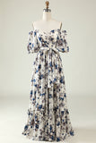 White Blue Flower Boho Bridesmaid Dress