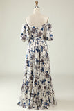 White Blue Flower Boho Bridesmaid Dress