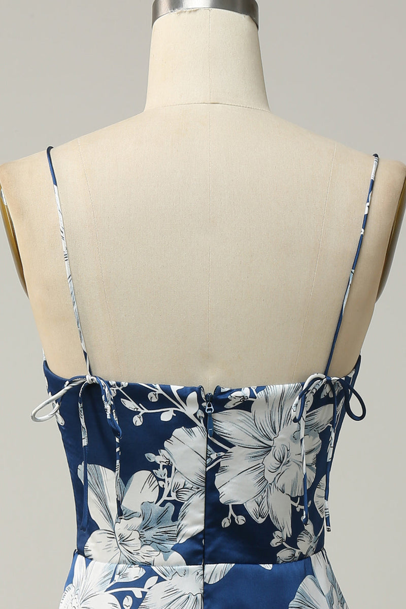 Load image into Gallery viewer, Ink Blue Floral Tea-Length Bridesmaid Dress