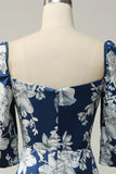 Ink Blue Floral Tea-Length Bridesmaid Dress with Sleeves