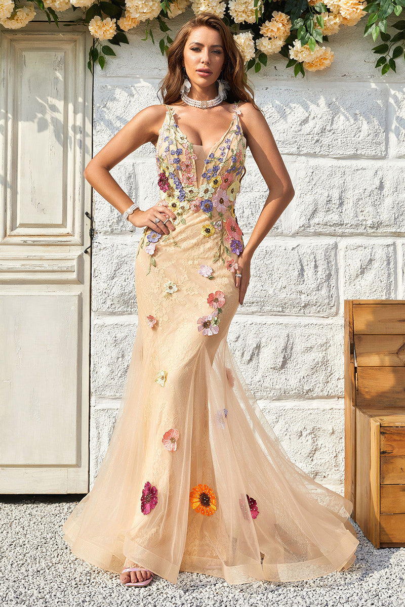Load image into Gallery viewer, Mermaid Deep V Neck Champagne Long Formal Dress with Criss Cross Back