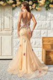 Mermaid Deep V Neck Champagne Long Formal Dress with Criss Cross Back