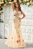 Load image into Gallery viewer, Mermaid Deep V Neck Champagne Long Formal Dress with Criss Cross Back