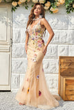 Mermaid Deep V Neck Champagne Long Formal Dress with Criss Cross Back