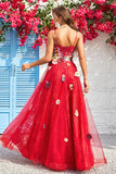 A Line Spaghetti Straps Burgundy Long Formal Dress with Appliques