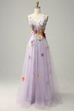 A Line Deep V Neck Lavender Long Formal Dress with Appliques