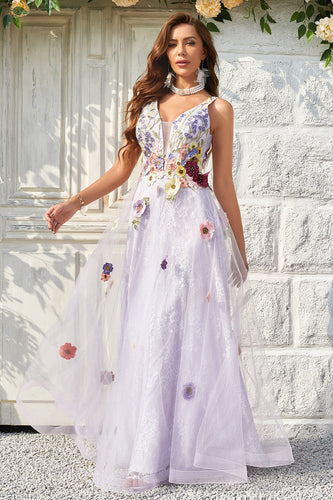 A Line Deep V Neck Lavender Long Formal Dress with Open Back