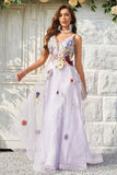 A Line Deep V Neck Lavender Long Formal Dress with Open Back