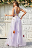 A Line Deep V Neck Lavender Long Formal Dress with Open Back