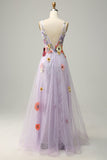 A Line Deep V Neck Lavender Long Formal Dress with Appliques