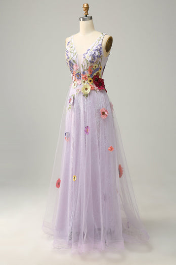 A Line Deep V Neck Lavender Long Formal Dress with Appliques