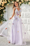 A Line Deep V Neck Lavender Long Formal Dress with Open Back