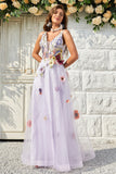 A Line Deep V Neck Lavender Long Formal Dress with Open Back