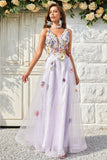 A Line Deep V Neck Lavender Long Formal Dress with Open Back