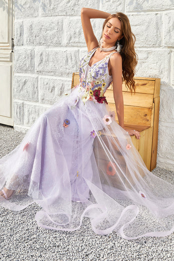 A Line Deep V Neck Lavender Long Formal Dress with Open Back