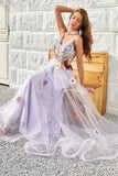 A Line Deep V Neck Lavender Long Formal Dress with Open Back