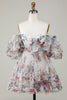 Load image into Gallery viewer, Ivory Floral Printed A-Line Puff Sleeves Short Tulle Homecoming Dress
