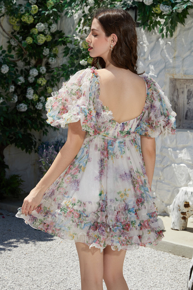Load image into Gallery viewer, A Line Ivory Floral Printed Short Tulle Cocktail Dress with Short Sleeves