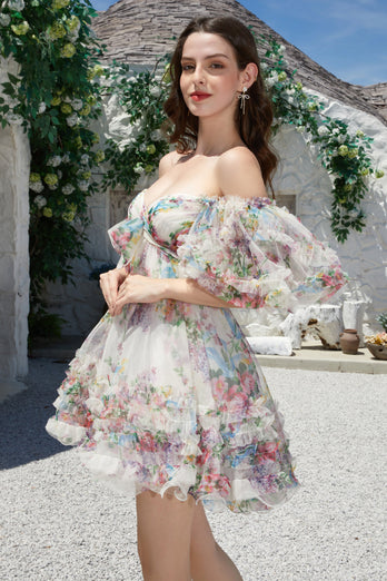 A Line Ivory Floral Printed Short Tulle Cocktail Dress with Short Sleeves