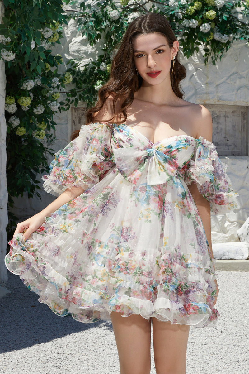 Load image into Gallery viewer, A Line Ivory Floral Printed Short Tulle Cocktail Dress with Short Sleeves
