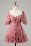 Purple A-Line Puff Sleeves Tulle Short Formal Dress