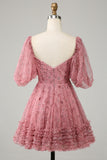 Purple A-Line Puff Sleeves Tulle Short Formal Dress