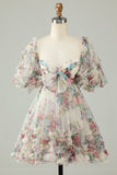 Purple A-Line Puff Sleeves Tulle Short Formal Dress