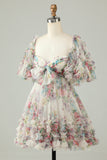 Purple A-Line Puff Sleeves Tulle Short Formal Dress