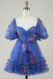 Hot Pink Printed Cute Short Formal Dress with Bow