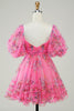 Load image into Gallery viewer, Hot Pink Printed Cute Short Formal Dress with Bow