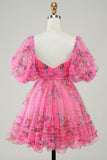 Hot Pink Printed Cute Short Formal Dress with Bow