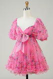 Hot Pink Printed Cute Short Formal Dress with Bow