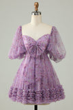 Purple A-Line Puff Sleeves Tulle Short Formal Dress