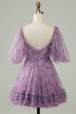 Purple A-Line Puff Sleeves Tulle Short Formal Dress