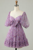 Purple A-Line Puff Sleeves Tulle Short Formal Dress