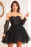 A-Line Black Corset Detachable Long Sleeves Cocktail Dress