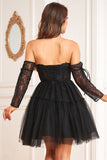 A-Line Black Corset Detachable Long Sleeves Cocktail Dress