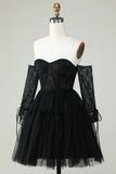 A Line Off the Shoulder Black Corset Short Formal Dress with Long Sleeves