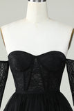 A Line Off the Shoulder Black Corset Short Formal Dress with Long Sleeves