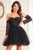 A-Line Black Corset Detachable Long Sleeves Cocktail Dress