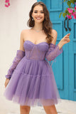 Purple Corset Detachable Long Sleeves A-Line Short Formal Dress