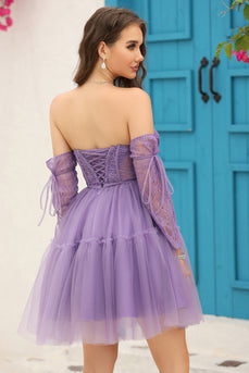 Purple Corset Detachable Long Sleeves A-Line Short Formal Dress