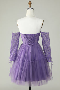 A Line Off the Shoulder Purple Corset Short Formal Dress with Long Sleeves