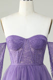 A Line Off the Shoulder Purple Corset Short Formal Dress with Long Sleeves